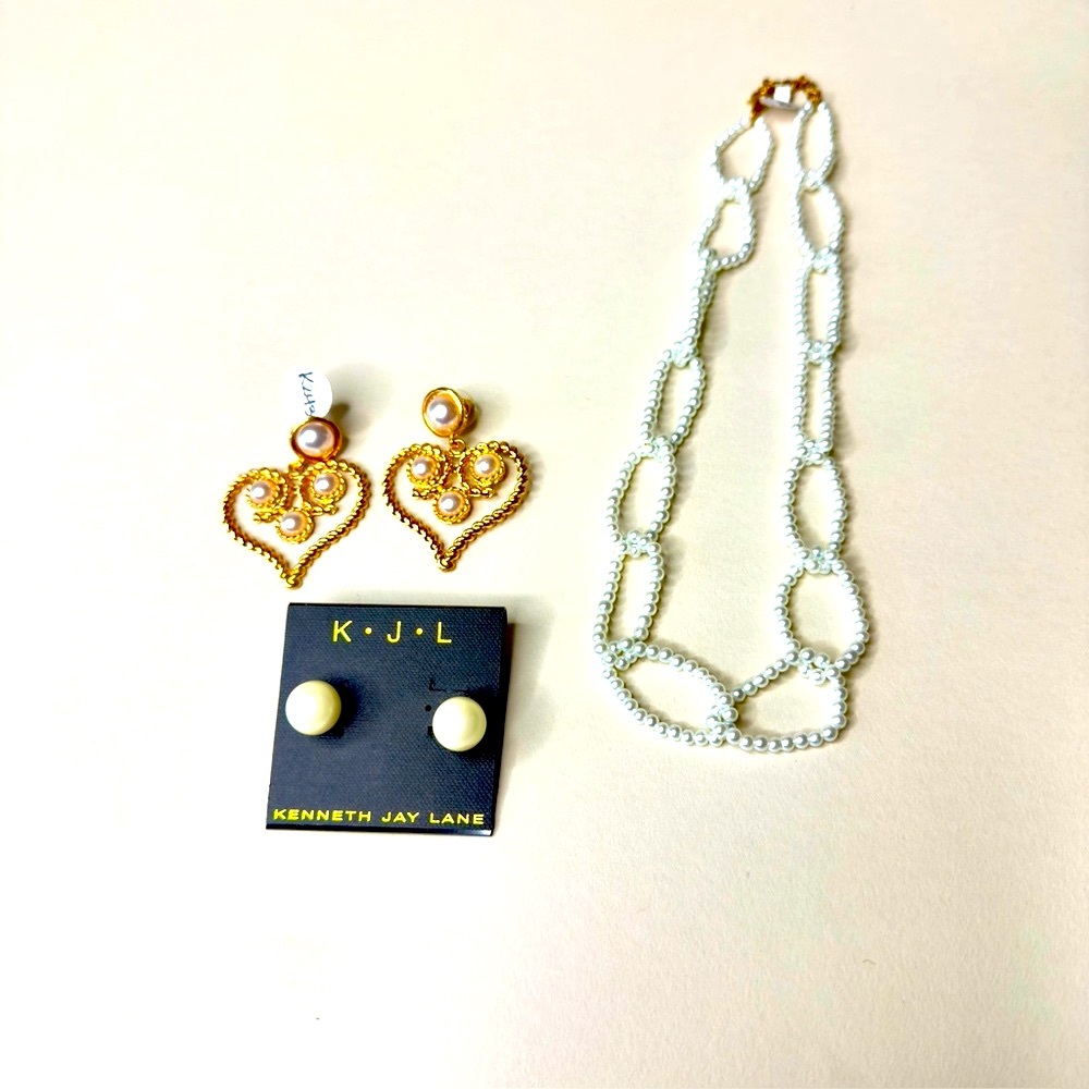 NEW Kenneth Jay Lane Gold Heart Earrings with Pearl Accents plus necklace etc